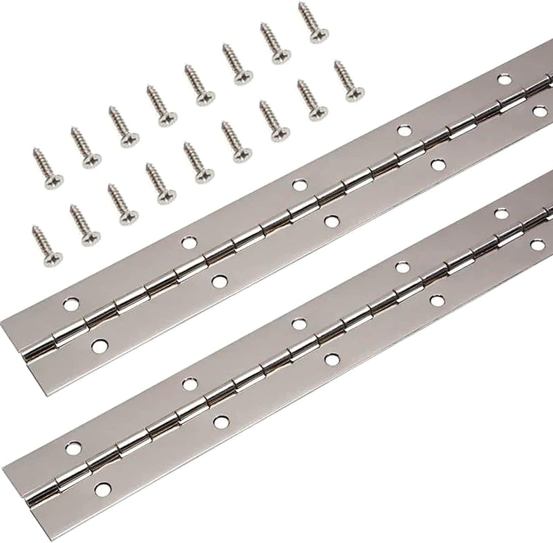 [Australia - AusPower] - 12 Inch Continuous & Piano Hinges, 2Pcs Stainless Steel Continuous Hinge with Holes, Heavy Duty Polished Stainless Piano Hinges for Boats Cabinets Storage Box, 24 Screw Included (Silver) 