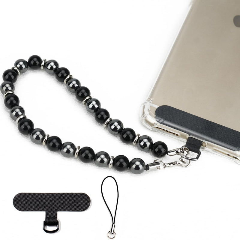 [Australia - AusPower] - Marble Beaded Phone Wrist Strap, Cellphone Lanyard with Tether Tab, Hands-Free Wristlet Bracelet Obsidian Black 