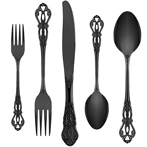 Black Silverware Set for 4, Stainless Steel Gorgeous Retro Royal Flatware Set, 20-Pieces Cutlery Tableware set, Kitchen utensils set Include Spoons And Forks Set, Mirror Finish, Dishwasher Safe Mirror Black Service For 4