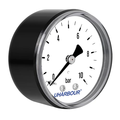 Uharbour Pressure Gauge Water 0-10 Bar, 1/4 Inch, Compressed Air Bracket on the Back, Compressed Air Pressure Gauge 1/4 BSP Brass Connection Axial