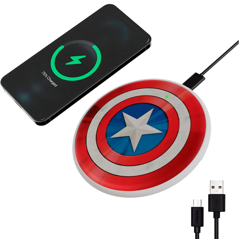 [Australia - AusPower] - Marvel Avengers Captain America Shield Wireless Charging Pad- 10Watt Wireless Charging Station with LED Indicator for All Qi Enabled Devices- Avengers Gifts for Men, Women and Fans of Captain America Cap America Shield 