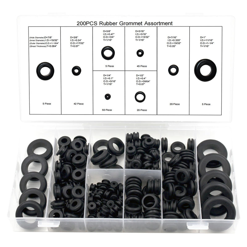 [Australia - AusPower] - 200 Pcs Rubber Grommets for Wiring - 8 Sizes (1/4", 5/16", 3/8", 7/16", 1/2", 5/8", 7/8", 1") Hole Rubber Grommet Assortment Kit for Wire 