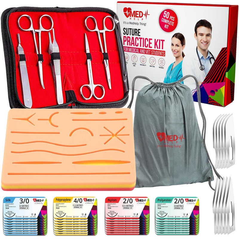 [Australia - AusPower] - 50 PCS Suture Kit Practice Medical Students - Complete Suture Practice Kit for Surgical Training: Large Silicone Suture Pad, Sterile Sutures Thread with Needle, Dissection Blades with Cary Bag Pro-Level Kit with Carry Bag 