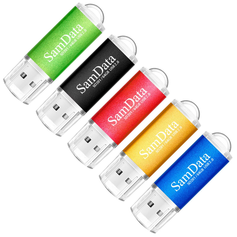 [Australia - AusPower] - SamData 5 Pack 64GB USB Flash Drives USB 2.0 Thumb Drives Memory Stick Jump Drive Zip Drive, 5 Colors: Black Blue Green Gold Red Multicoloured 5*64GB 