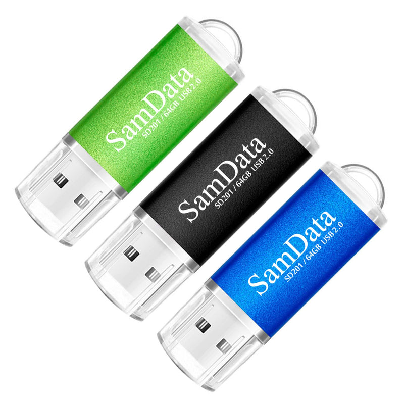 [Australia - AusPower] - SamData 3 Pack 64GB USB Flash Drives USB 2.0 Thumb Drives Memory Stick Jump Drive Zip Drive, 3 Colors: Green Black Blue Multicoloured 3*64GB 