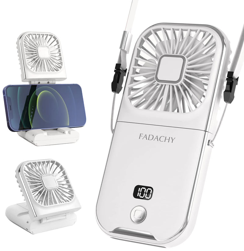 [Australia - AusPower] - Mini Fan Portable Handheld Fan Rechargeable Small Battery Operated Personal Fan all in 1 as Power Bank, Phone Holder, Hand Held Fan, Mini Desk Fan, Travel Fan, USB Fan, 3000 mAh, 4 Speed, Neck lanyard White 