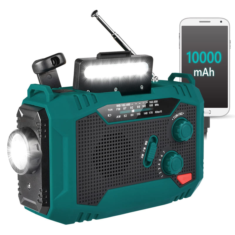 [Australia - AusPower] - 10000mAh Emergency Radio, Solar Hand Crank Radio, Portable AM/FM/NOAA Weather Alert Radio, Indoor Ourdoor Solar Radio with Power Bank for Phone Charging, SOS Alarm, Flashlight, Dark Green - 14.1oz 