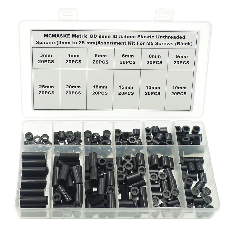 [Australia - AusPower] - OD 9mm(0.354") ID 5.4mm(0.212") Plastic Unthreaded Spacers Assortment Kit;Wall Plate spacers for M5 Screws;Clearance Spacers;Round Spacers;3mm to 25 mm Lengths (Black) OD 9mm ID 5.4mm 