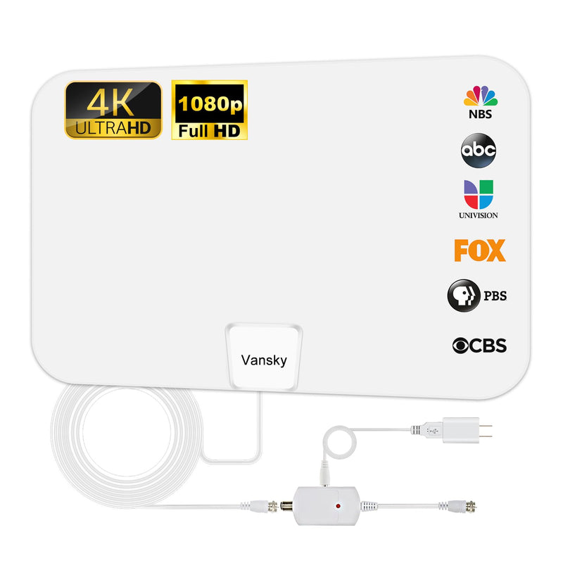 [Australia - AusPower] - Vansky TV Antenna Indoor, Digital Amplified Indoor HDTV Antenna, 1080p VHF UHF Television Local Channels Detachable Signal Amplifier and 16.5ft Long Coax Cable(White) White 