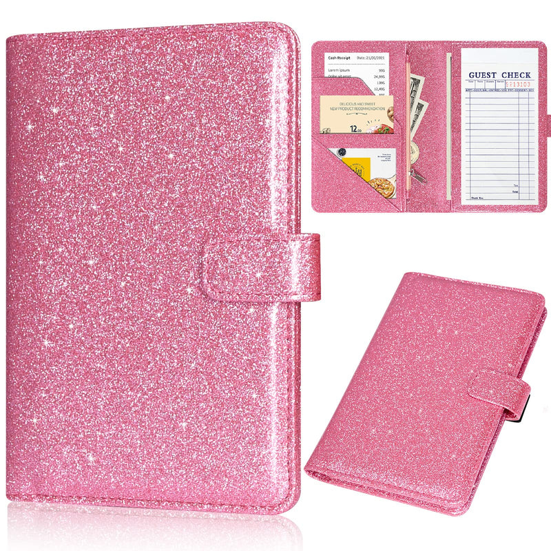 [Australia - AusPower] - Server Book for Waitress - Leather Waiter Book Server Wallet with Zipper Pocket, Cute Serving Book&Server Note Pads Holder with Magnetic Closure, Glitter Pink 