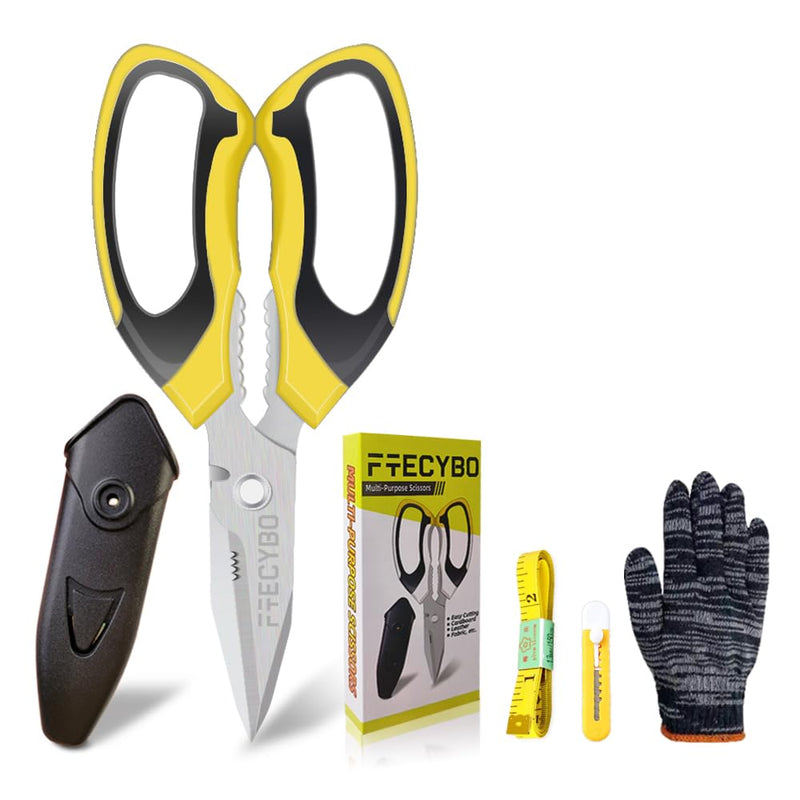 [Australia - AusPower] - Scissors Heavy Duty 8'', Carpet Scissors, Multipurpose Scissors with Protective Cover, Stainless Steel Serrated Blades, Easy Cutting Cardboard, Leather, Fabric, Wires, Nutcracker, Yellow 