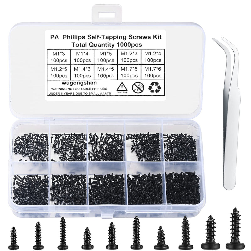 [Australia - AusPower] - 1000 Pcs Small Phillips Pan Head Screws Assortment Kit, Micro Tiny Electronic Self-Tapping Machine Screws for Glasses Watches Phone Electronic Repair Screws 1000 