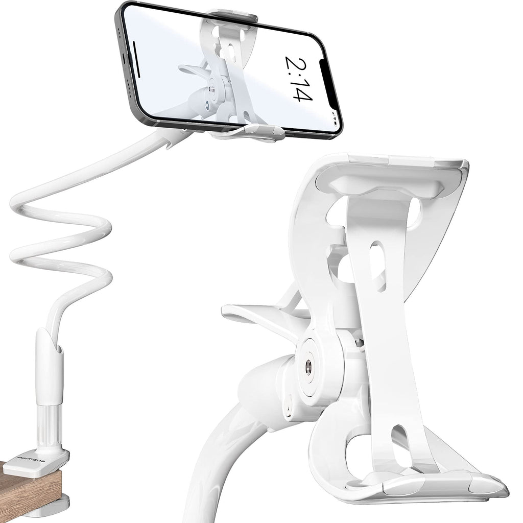 [Australia - AusPower] - Cell Phone Holder for Bed Gooseneck Bedside Phone Holder Laying Down with Adjustable 360 Clamp Clip and Flexible Long Arm, Phone Holder for Desk Stand and Mount Compatible with iPhone 14 (White) White 