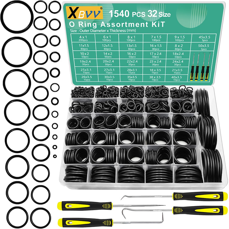 [Australia - AusPower] - 1540 Pcs 32 Size O-Rings Kit Nitrile Rubber Oring Assortment with 4 Hook Set for Various Car Auto Vehicle Repair Plumbing Pressure Washer Air or Gas Sealing Connections Resist Oil and Heat O-Ring Metric 1540 Pcs 32 Size 