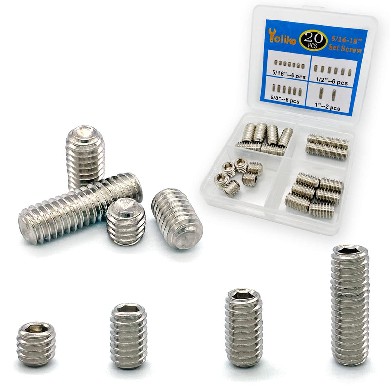 [Australia - AusPower] - 20pcs 5/16-18 Inch 4 Sizes Thread Hex Socket Set Screw Assortment kit – 304 Stainless Steel Full Thread Cup Point Grub Screws Set Screw for Bathroom Fixtures, Door Handles, Light Fixtures etc 304ss 5/16-18 4 Sizes-20pcs 