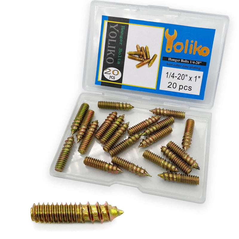 [Australia - AusPower] - 20 Pack 1/4-20 x 1 Inch Hanger Bolts 1/4-20" Double Headed Bolts 1/4 Wood Dowel Screw Self-Tapping Screw Hanger Bolts for Furniture Screws Double Screw Threaded Rods Bolt 25.4mm Length 1/4-20x1"-20Pcs 