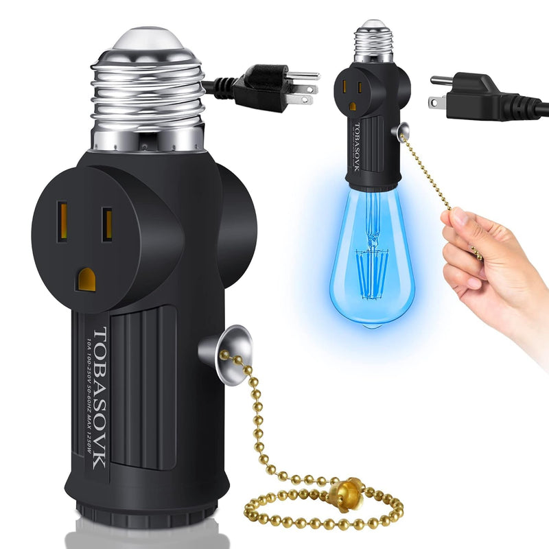 [Australia - AusPower] - Light Socket to Plug Adapter, Both Sides Support 3 Prong Light Socket Adapter, Professional Materials Light Bulb Outlet Socket Adapter with Switch Control, E26 E27 Light Bulb Socket Adapter - Black 1 
