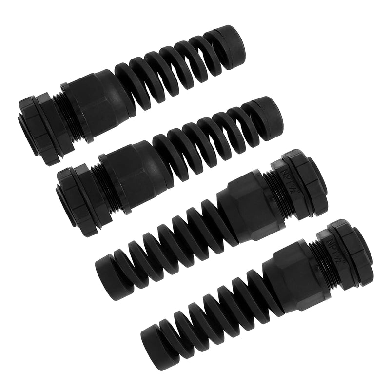 [Australia - AusPower] - 4Pcs NPT 1/2" Black Cable Gland, IP68 Waterproof Nylon Joint Adjustable Locknut Flex Spiral Strain Relief with Gaskets for 7-12mm Cable Range NPT 1/2"-4pcs 