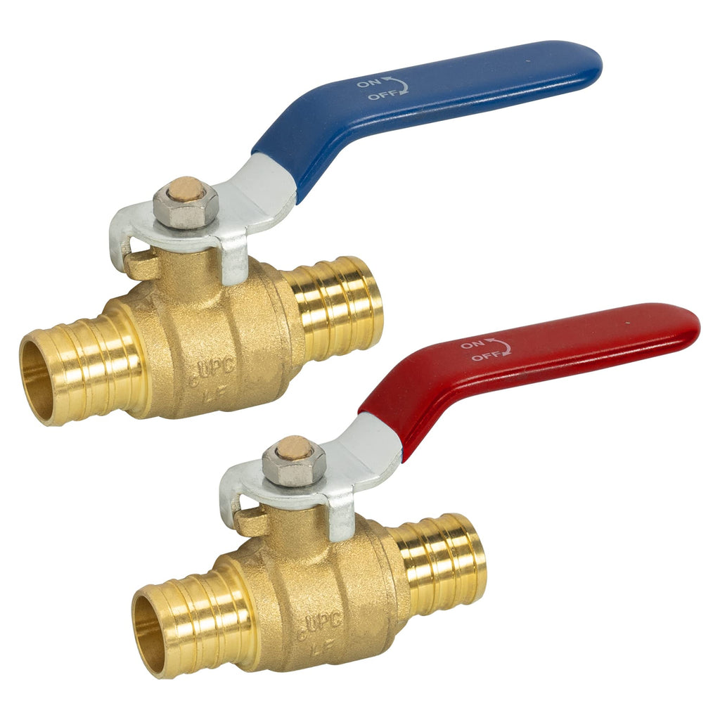 Hourleey 2 Pieces 3/4 Inch Pex Brass Full Port Shut Off Ball Valve Hot and Cold, Quarter Turn HOT (RED) COLD (BLUE) of Brass Water Stop Shut Off, 1 Piece Each 3/4" x 2 Pack