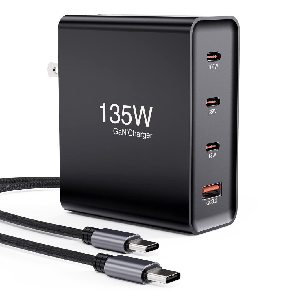 [Australia - AusPower] - 135W USB C Wall Charger Fast Charging, 4 Ports 100W USB C Laptop Charger for MacBook Pro 16 15 14 13 inch MacBook Air iPad Pro Foldable Multiport Power Adapter PD Charger with 5FT USB C Charging Cable 135W 