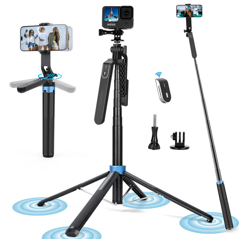 [Australia - AusPower] - Eocean 71" Tall Selfie Stick Tripod Quadripod with Remote & Video Balance Handle, Aluminum Alloy Extendable Cell Phone Tripod Stand, Travel Tripod Phone Holder Compatible with iPhone/Android/GoPro 