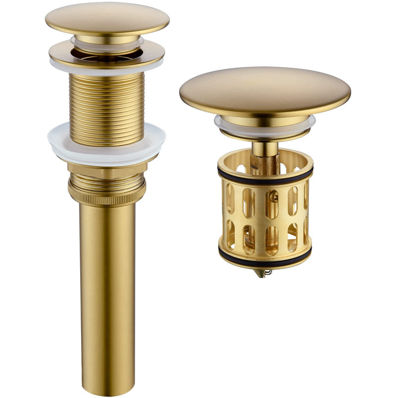 JONKEAN Bathroom Pop Up Drain Without Overflow,Vanity Vessel Sink Drain with Detachable Strainer Basket,Pop Up Drain Stopper Hair Catcher, Built-in Anti-Clogging Strainer(Brushed Gold) NO Overflow Brushed Gold