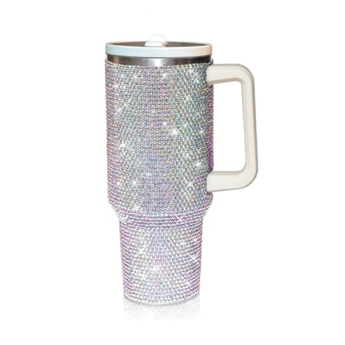 40 Oz Rhinestone Tumbler with Handle and Flip Straw, Insulated Stainless Steel Double Layer Bling Tumbler | Leak Proof Glitter Tumbler for Women | Reusable 1200ml Travel Bling Cups White AB Northern light 40.0
