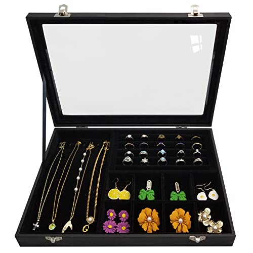 Clear Lid Jewelry Organizer Box for Women Wife Girlfriend Black-8 grids & 5 ring slots & 7 necklace hooks