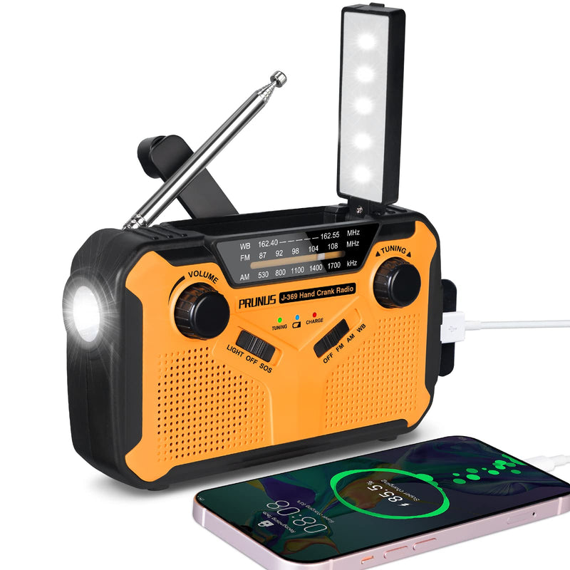 [Australia - AusPower] - PRUNUS Emergency NOAA Weather Radio 5 Way Powered: Solor/Hand Crank/USB/AA Batteries/Rechargeable Batteries, LED Flashlight and Reading Lamp, AM FM, 3000mAh Power Bank Cellphone Charger, J-369 Yellow 