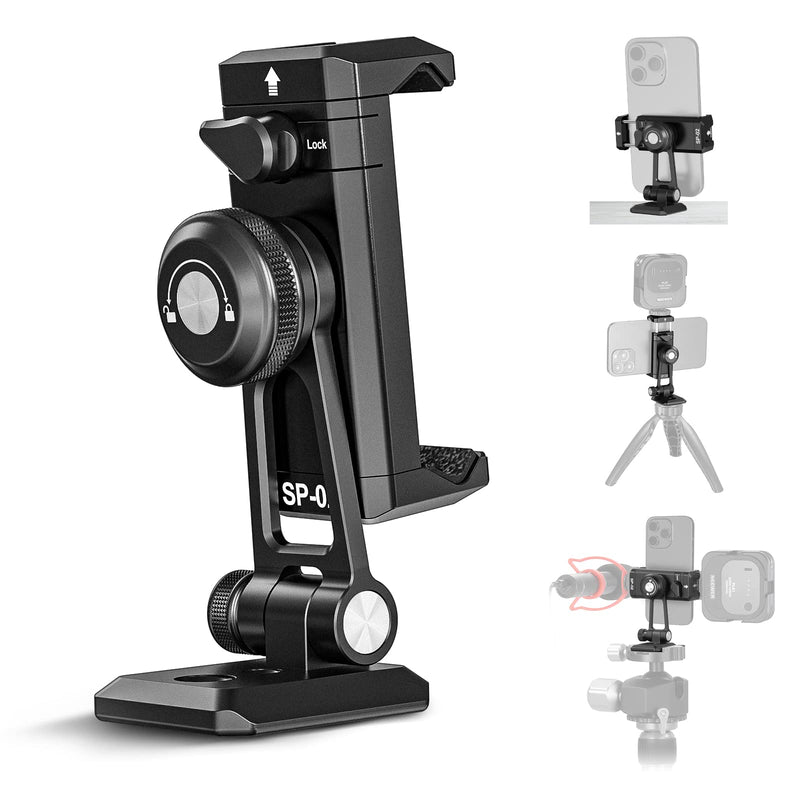 [Australia - AusPower] - NEEWER Phone Tripod Mount Adapter, Aluminum Phone Holder Clamp with Cold Shoe, 1/4" 3/8" Thread, Arca Type Base, 360° Pan 180° Tilt, Compatible with iPhone 14 13 Pro Max Mini X Xs Galaxy S23, SP-02 