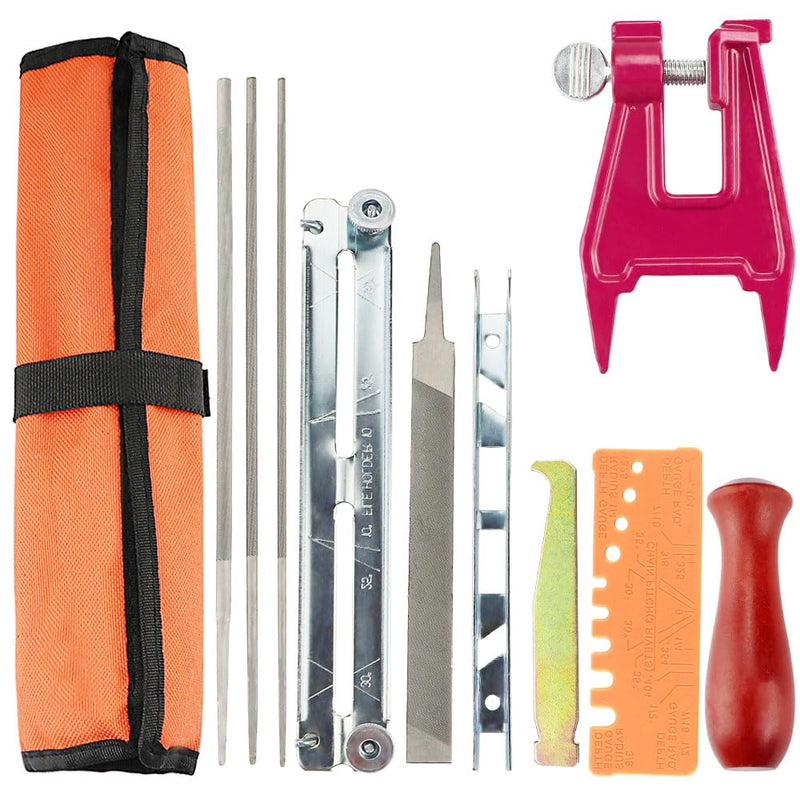 Chainsaw Sharpening Files Kit, Chainsaw Sharpener Files Set, Chainsaw Sharpener Includes Chainsaw Blunt, Round File, Sharpening Guides, Depth Gauge, Flat File, Wooden Handle, Lightweight Field Bag