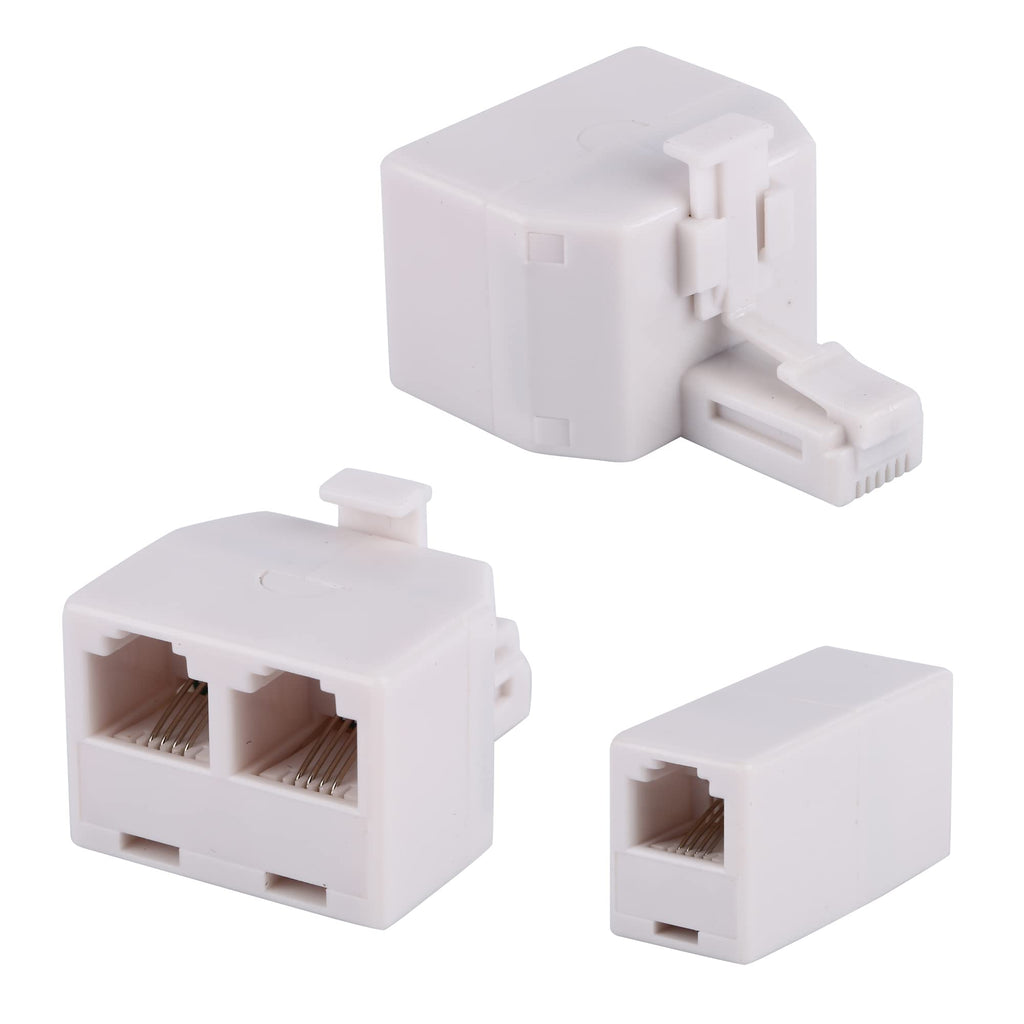[Australia - AusPower] - 2+1Pack 2pcs Double Phone Jack Splitter RJ11 6P4C 1 Male to 2 Females and 1pc Phone Line Coupler for Landline and Fax -White 