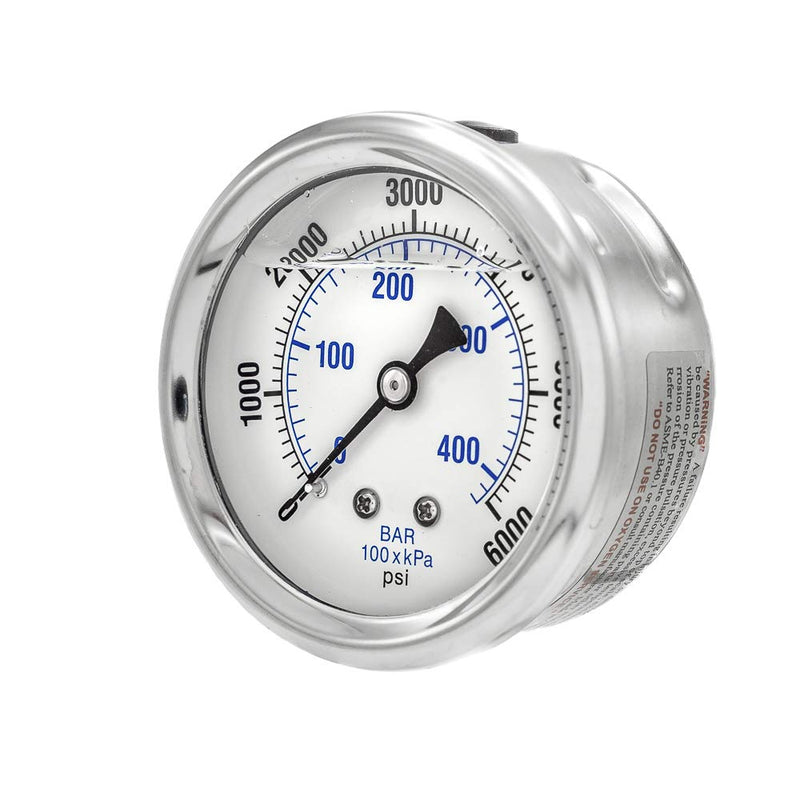 [Australia - AusPower] - 2 Pack of Liquid Filled Center Back Mount Pressure Gauge with 2.5" Dial, 0-6000 PSI, 1/4" Male NPT Connection, Stainless Steel CASE and Bezel (2) 