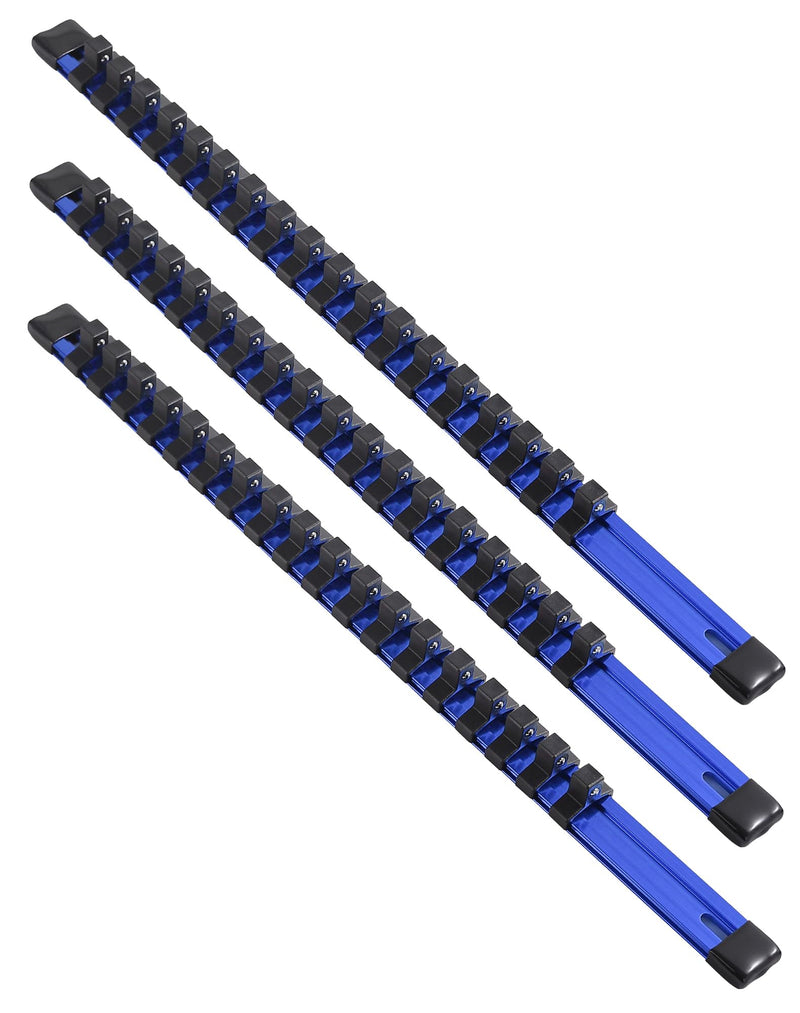 ALOANES 3-Piece 3/8-Inch Drive Aluminum Alloy Socket Organizer, Heavy Duty Socket Racks, Socket Holder Kit for Toolbox Drawer Fit 3/8-Inch x 54 Clips (Blue) 3PC, 3/8-inch Drive Blue