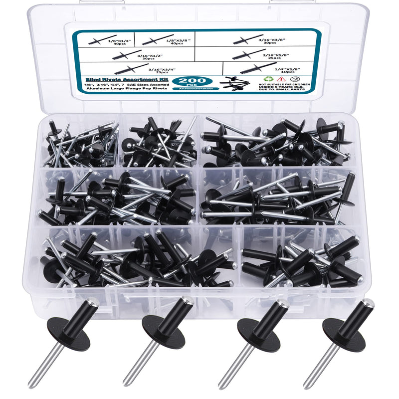 [Australia - AusPower] - 200PCS Black Rivets Pop Rivets Assortment Kit, Large flange Aluminum Rivets(1/8" 3/16" 1/4") Assorted Blind Rivets with Case 