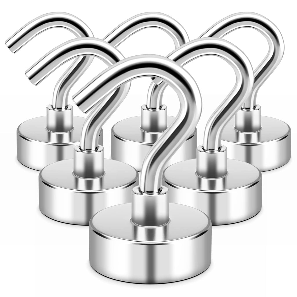 FINDMAG 28LBS Magnetic Hooks N52 Neodymium Magnet Hooks for Hanging, Super Strong Magnets with Hook for Classroom, Kitchen, School, Office, Garage (6 Pack) 6 Pack 28Lbs+ Silver