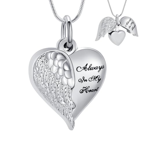 Cremation Jewelry Angel Wing Stainless Steel Heart Urn Necklaces for Ashes Memorial Keepsake Pendant for Women Men Silver