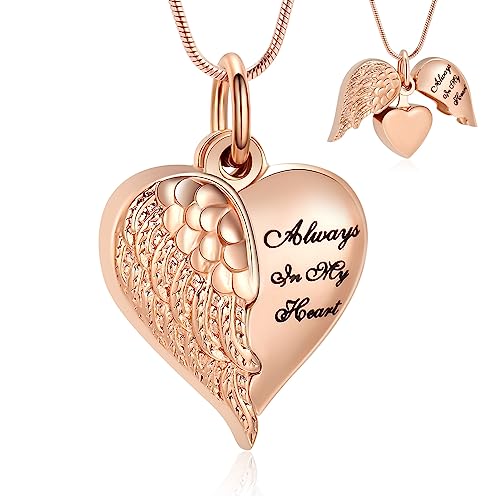 Cremation Jewelry Angel Wing Stainless Steel Heart Urn Necklaces for Ashes Memorial Keepsake Pendant for Women Men Rose Gold