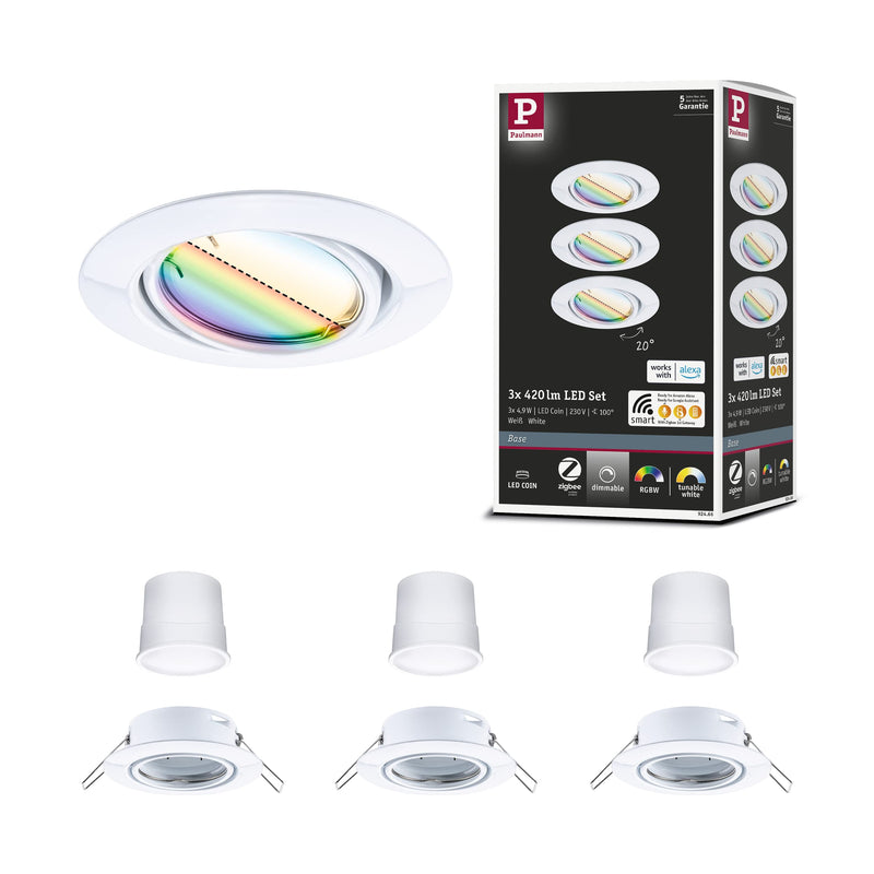Paulmann 92466 LED Recessed Light Base Smart Home Zigbee Basic Set Swivelling Round 230 V 3 x 4.9 W 3 x 420 lm Dimmable 90 mm White Metal RGBW+