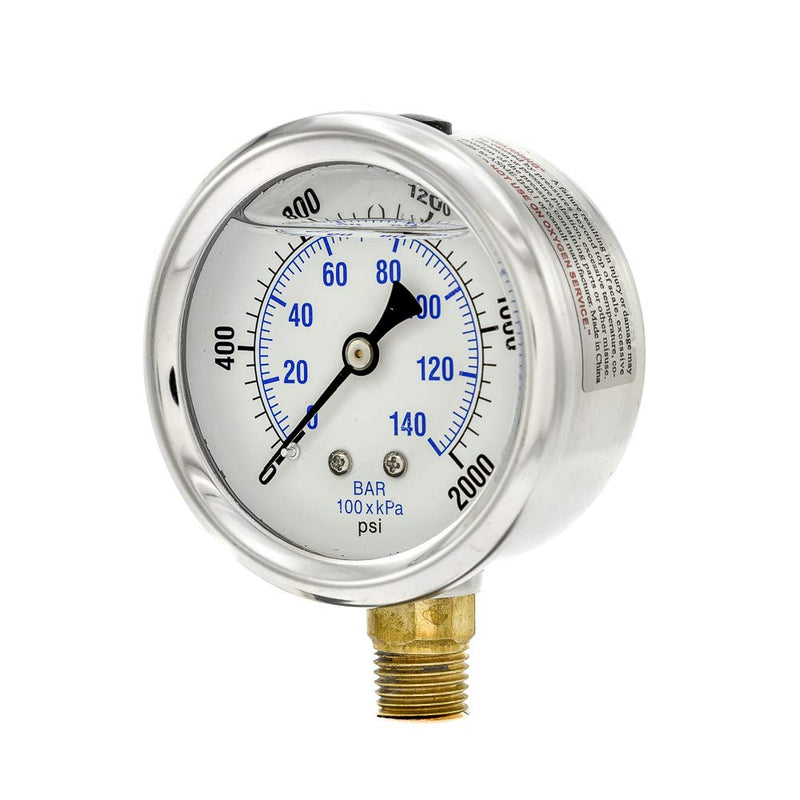 [Australia - AusPower] - 2 Pack of Liquid Filled Lower Mount Pressure Gauge with 2.5" Dial, 0-2000 PSI, 1/4" Male NPT Connection, Stainless Steel CASE and Bezel (2) 