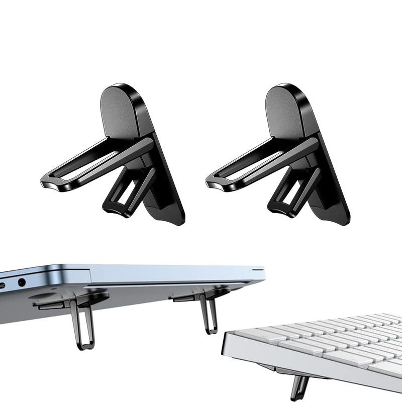 [Australia - AusPower] - PONICOR 2PCS Zinc Alloy Mini Foldable Laptop Stand, Portable Computer Keyboard Riser with 2 Adjustable Angles, Self-Adhesive Invisible Notebook Stand and Keyboard Lift for Desk (Black) Black 