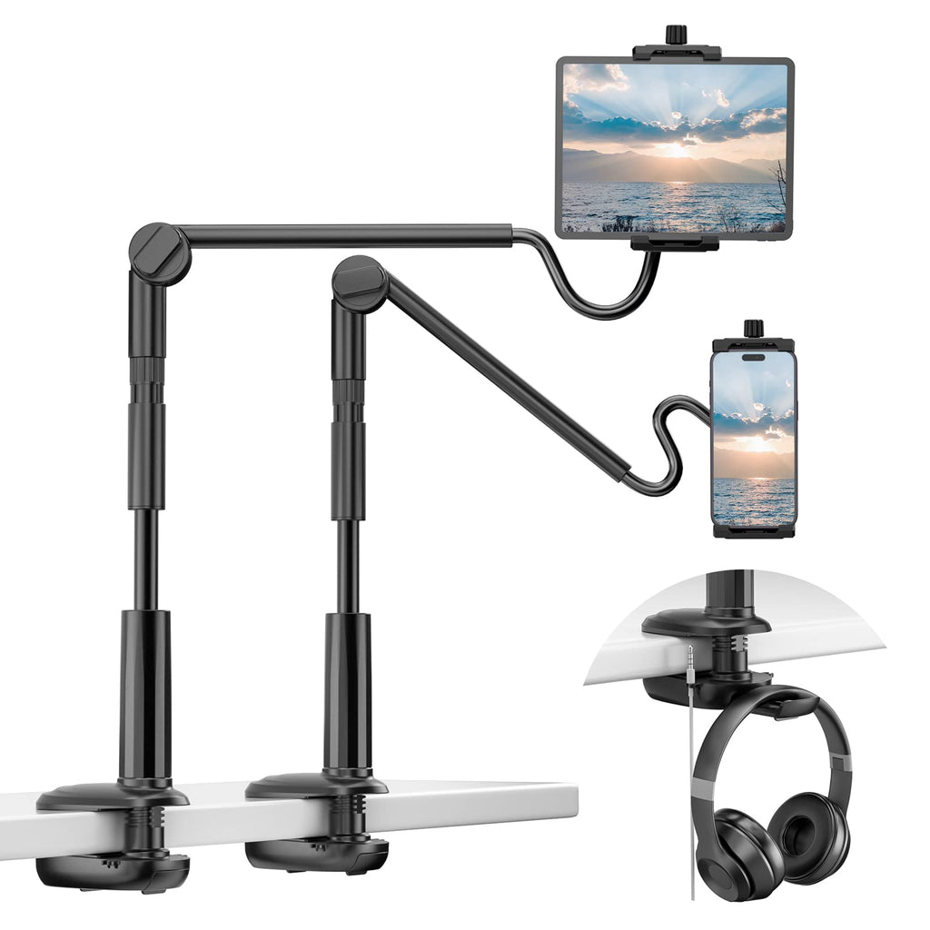[Australia - AusPower] - Gooseneck Tablet Holder for Bed, 360 Adjustable iPad Stand for Desk Flexible Arm Clip Phone Mount for Video Recording, Bedside & Headboard Clamp for iPad Pro 12.9, Air, Mini, Nexus, Switch (4.7-12.9") Black 