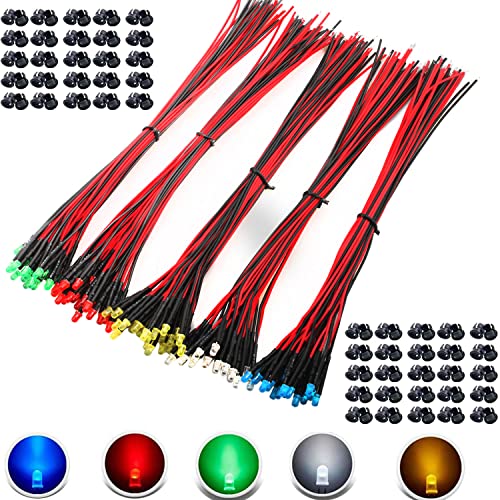 RUNCCI-YUN Pack of 100 3 mm 3 V-9 V-12 V LED Diode, LED with Cable 12 V, Model Railway H0 Lighting RC Model Building LED Diodes Light + 100 Pieces 3 mm LED Mounting Rings Plastic (Red, Yellow, Green, White, Blue)