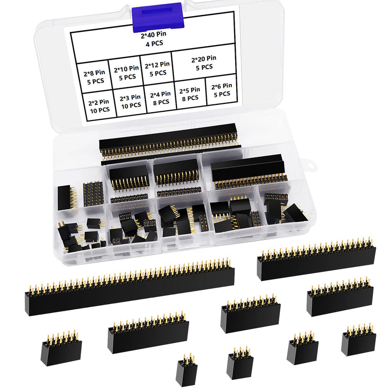 VooGenzek Pack of 65 2.54 mm Female Pin Header Double Row Pin, Straight Single Row Board Female Pin Header Socket Connector Strip for Arduino Stackable Shield (2 x 2/3/4/5/6/8/10/12/20/40 Pin) 2/3/4/5/6/8/10/12/20/40 pin female