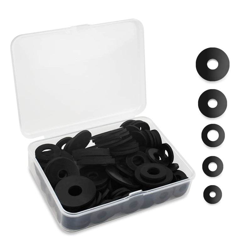 [Australia - AusPower] - 100 Pcs Black Flat Rubber Washers Assortment Kit, 16/18/20/25/30mm Heavy Duty Rubber Washers Rubber Grommet Vibration Damping Pads for Shower Head Garden Faucet Plumbing Washers Repair (5 Sizes) 