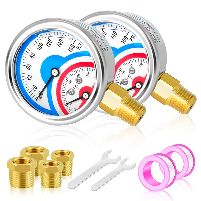 [Australia - AusPower] - MEANLIN MEASURE 2PCS 0-160Psi Stainless Steel Thermal Pressure Gauge 30-250℉ 1/4" NPT 2.5" FACE DIAL Liquid Filled Pressure Gauge, with 1/2" NPT and 3/8" NPT Hex Bushing, Lower Mount Liquid Filled/2PCS 