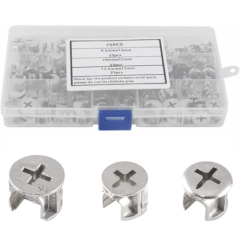 [Australia - AusPower] - 75pcs Cam Lock Nut Fasteners, 3 Sizes Eccentric Wheel Nut Furniture Connectors Cam Fittings for Cabinet Connecting Hardware Bolts Silver Tone 
