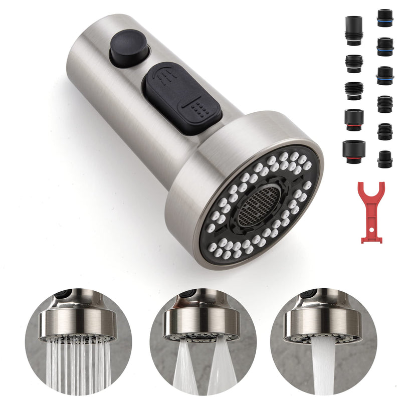 [Australia - AusPower] - Pull Down Spray Head Replacement - for Kitchen Faucet Sprayer Head with 11 Adapters, 3 Function Pull Out Faucet Spray Nozzle, Brushed Nickel 