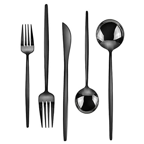 Black Silverware Set, KassKa 20 Pieces Flatware Cutlery Set, Stainless Steel Utensils Set Spoon Fork Knives Set for Home Restaurant and Kitchen, Mirror Polished Finished, Service for 4 Mirror Black 1
