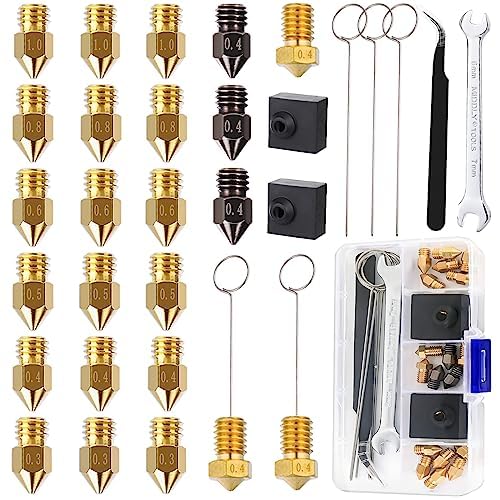 Comgrow 24PCS Ender 3 V2 Nozzles, 3D Printer Extruder Hardened Steel Nozzle 0.4mm, Brass Nozzle 0.3mm/0.4mm/0.5mm/0.6mm/0.8mm/1.0mm, DIY Tools Storage Box for Creality Ender 3 Series and CR 10 Series 0.3mm 0.4mm 0.5mm 0.6mm 0.8mm 1mm Brass Nozzle Kit